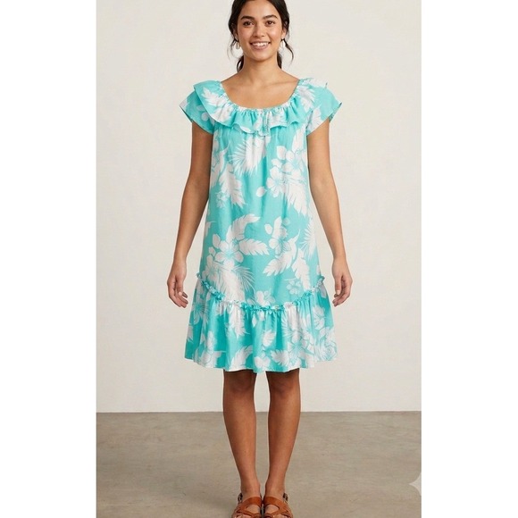 Kole Kole Dresses & Skirts - VTG 80/90s Kole Kole Hawaiian Aloha Muu Muu Ruffle Dress Aqua Monstera Women's S
